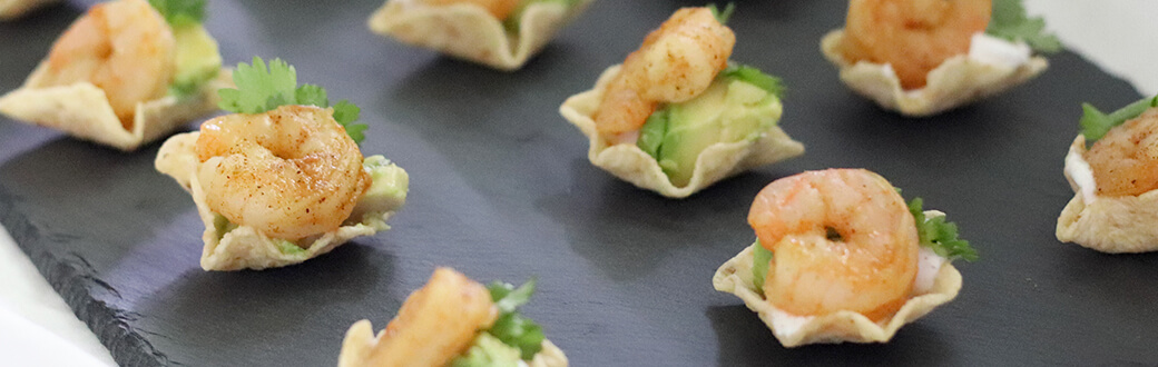 Shrimp and avocado bites on a table