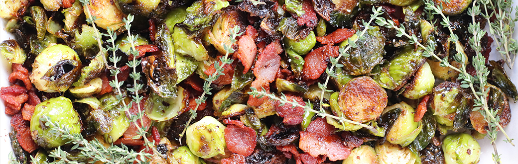 roasted Brussels sprouts with bacon tossed in balsamic vinaigrette