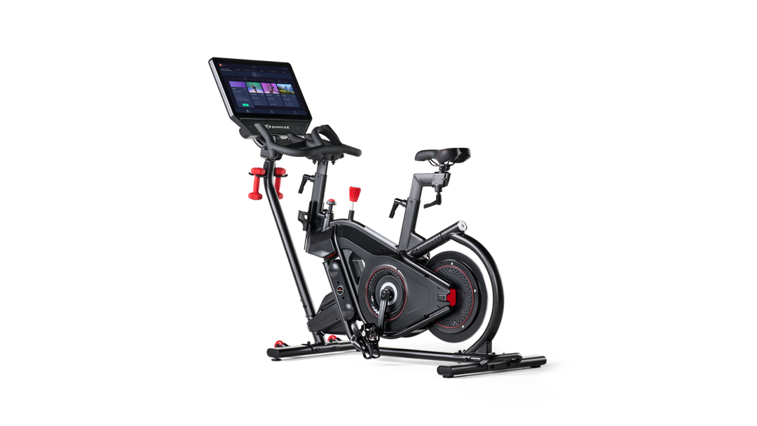 Stationary bike with a tablet mount on a white background