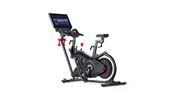 Stationary bike with a tablet mount on a white background