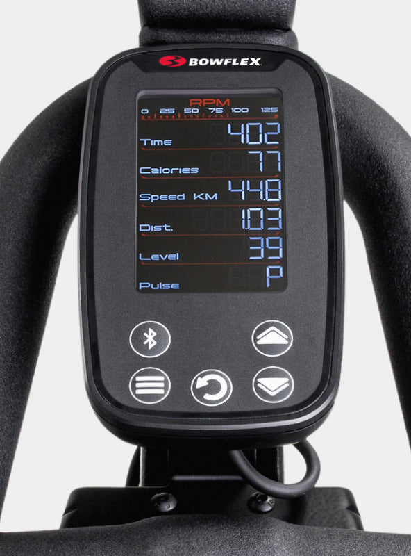 Backlit LCD console of the BowFlex C6 Bike.