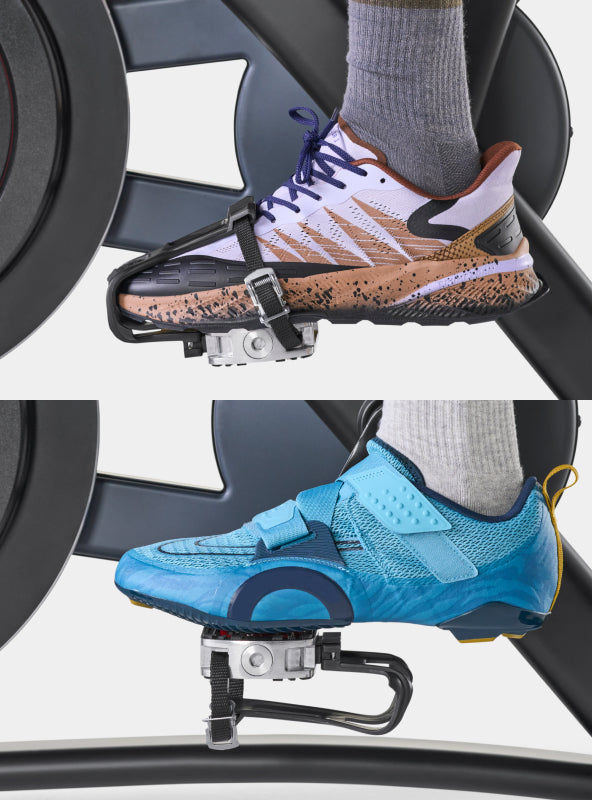 Two views of the BowFlex C6 Bike dual sided pedals with toe cages (top image) and SPD clips (bottom image).