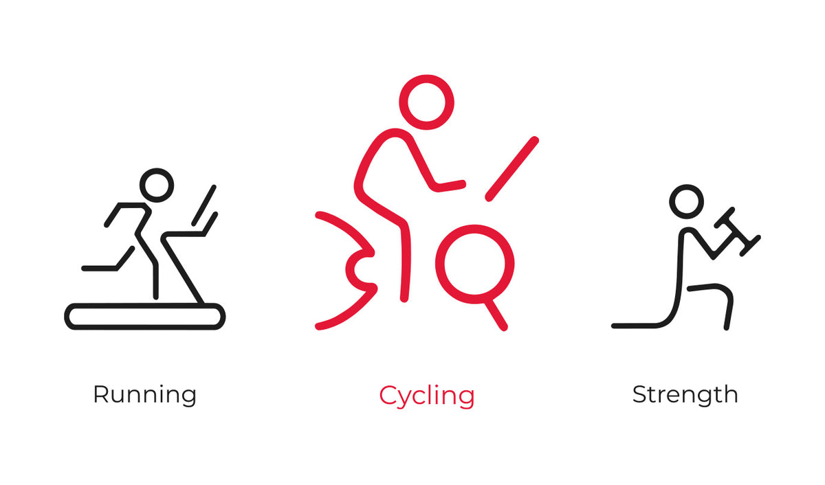 Three minimalist fitness icons on a white background: a black outline running figure labeled Running, a red outline cyclist labeled Cycling, and a black outline strength figure labeled Strength.