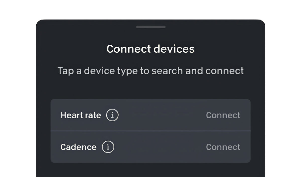 Peloton app screen interface showing connection options labeled 'Connect devices,' with 'Heart rate' and 'Cadence' listed as device types with 'Connect' buttons.