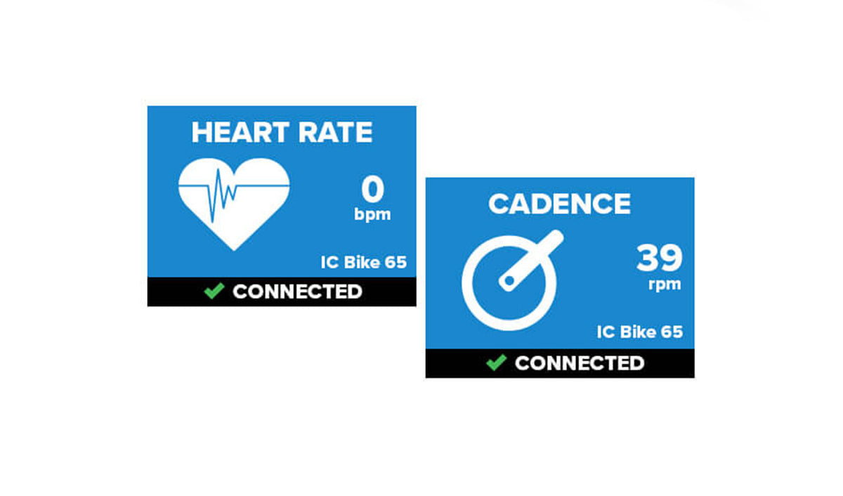 Two blue rectangular Zwift app interface panels on a white background, showing heart rate and cadence metrics with connected bike tracking text.