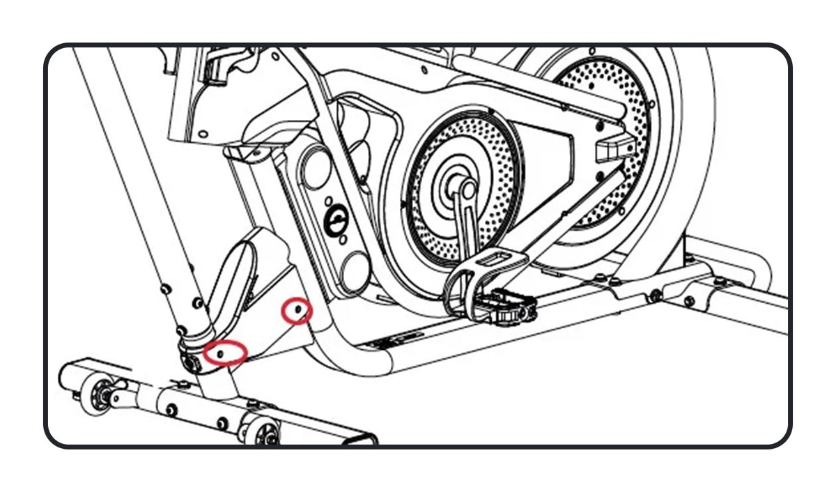 Black and white line drawing showing a close up of the BowFlex VeloCore Bike 22 frame and wheel area with two small red circles highlighting two pivot points.