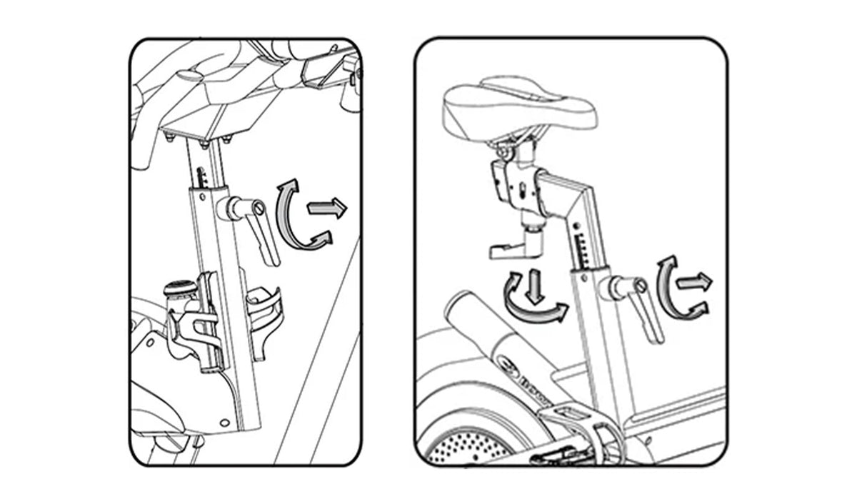 Black and white line art diagram showing two side-by-side panels with arrows indicating how to tighten the handlebar and seat post adjustment knobs on the BowFlex VeloCore Bike 22.