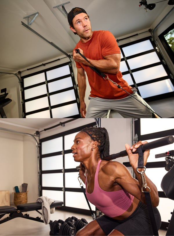 A split-screen image showing two people using the cable pulley system on the BowFlex Xtreme 2 SE in a home gym. 