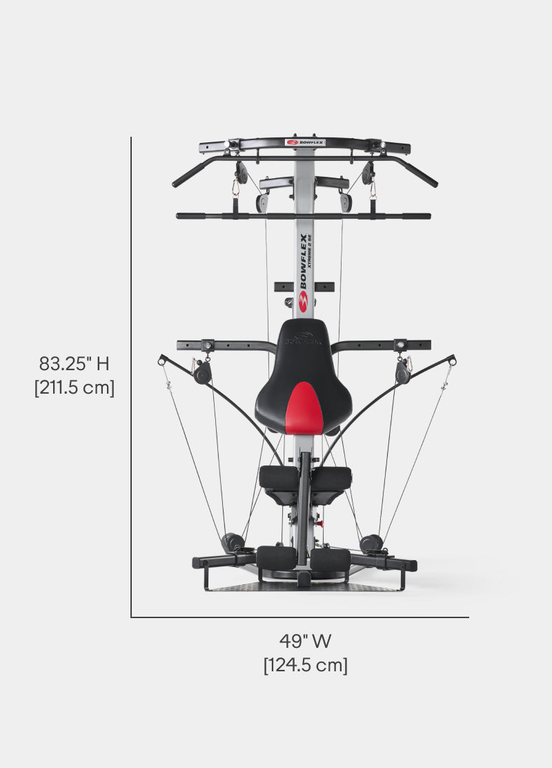 Front view of the dimensions for the Xtreme 2 SE Home Gym.