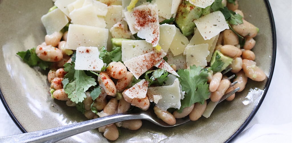 White Bean and Avocado Summer Salad in a bowl.