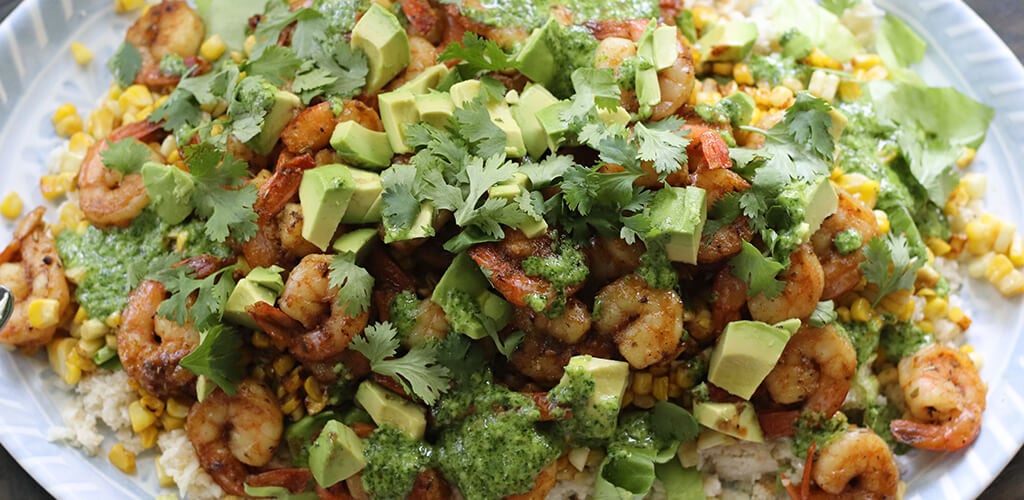 Avocado, shrimp, and cauliflower rice bowl.