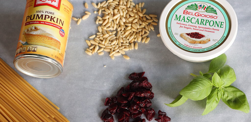 Ingredients for creamy pumpkin pasta.