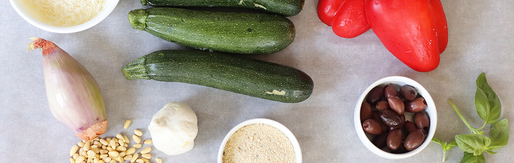 Ingredients for Greek inspired stuffed zucchini boats.