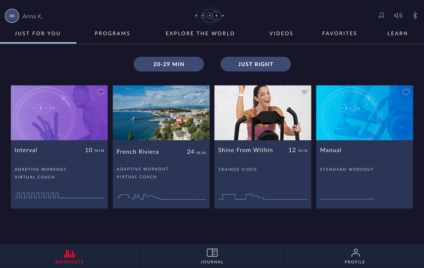 Just for you workout options delivered onscreen via JRNY