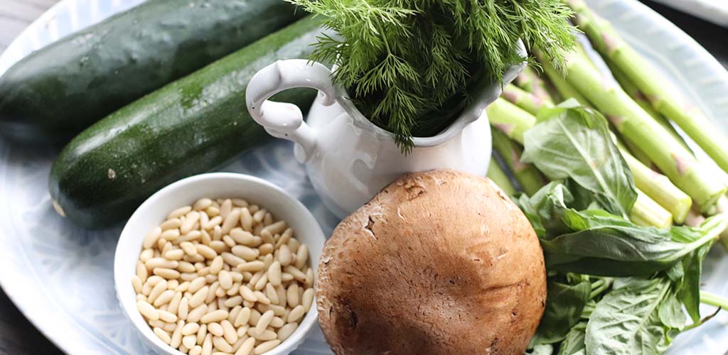 Ingredients for Sautéed Spicy Cucumbers, Mushrooms and Zucchini.