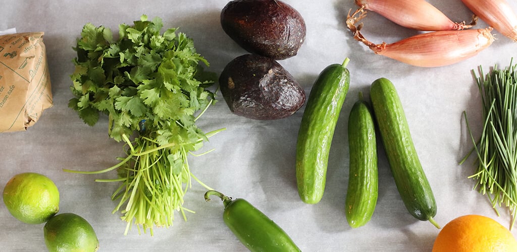 Ingredients for sea bass and shrimp ceviche.