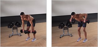 Man performing a bent arm dumbbell row.