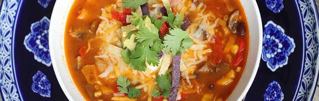 Chicken tortilla soup in a bowl.