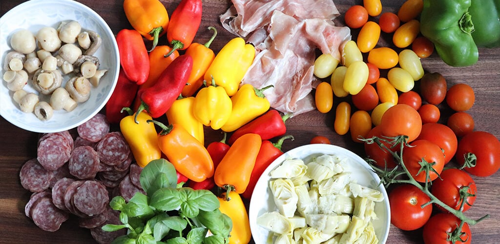 Italian antipasti ingredients.