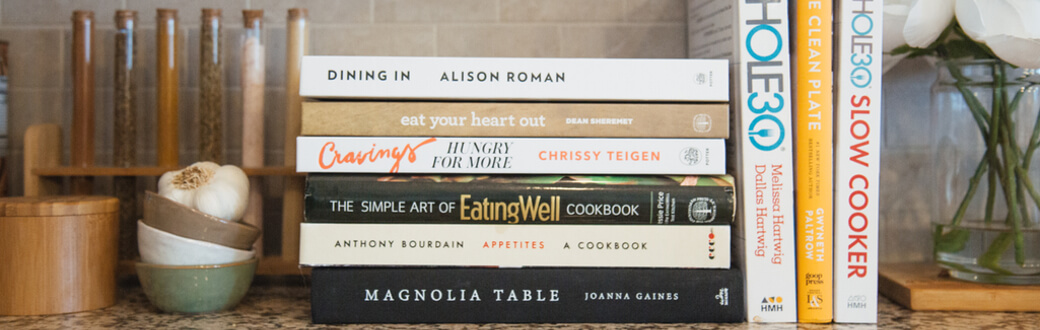 Cookbooks on a kitchen counter.
