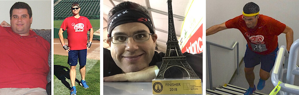 David Garcia next to his Eiffel Tower Vertical finisher trophy.