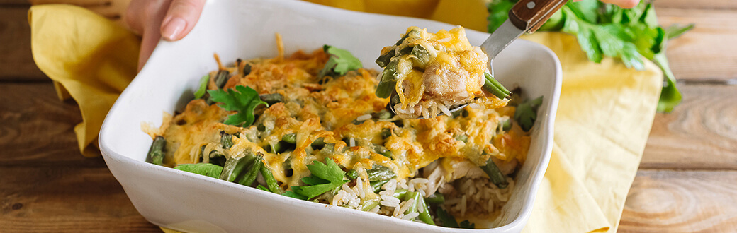 Chicken and rice casserole in a serving dish.