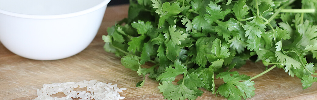 Cilantro Rice Recipe. Rice and cilantro on a cutting board.