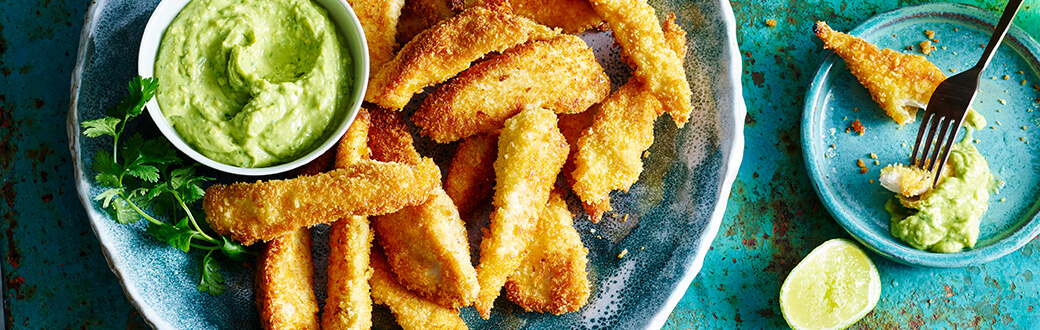 Crunchy unfried chicken on a plate.