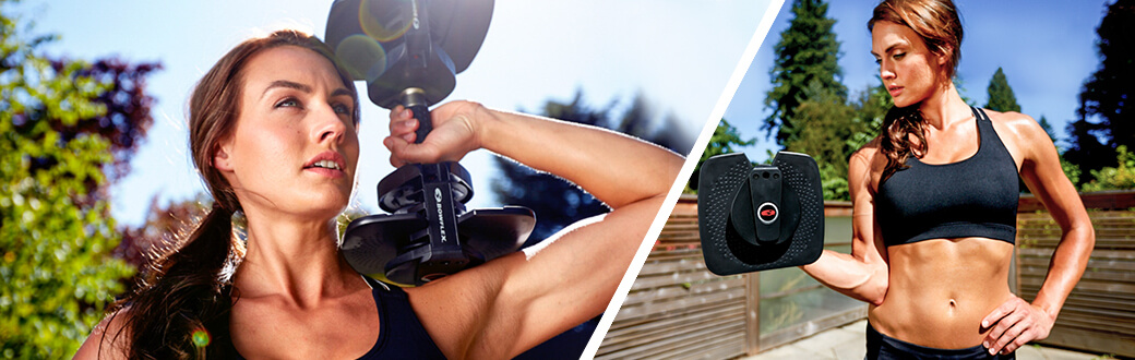 Outdoor workouts – why it’s time to take your workouts outside. Woman outside with BowFlex SelectTech Dumbbells.