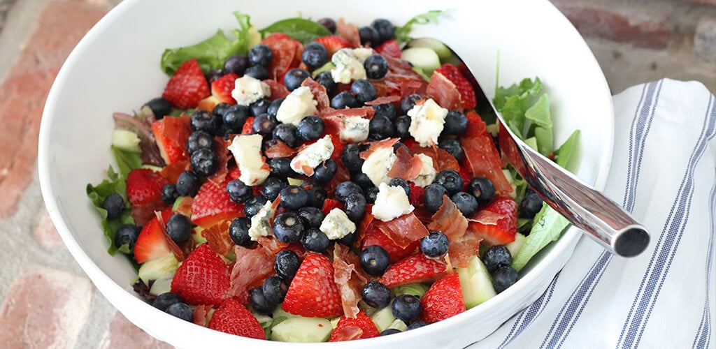 red white and blue salad in a bowl