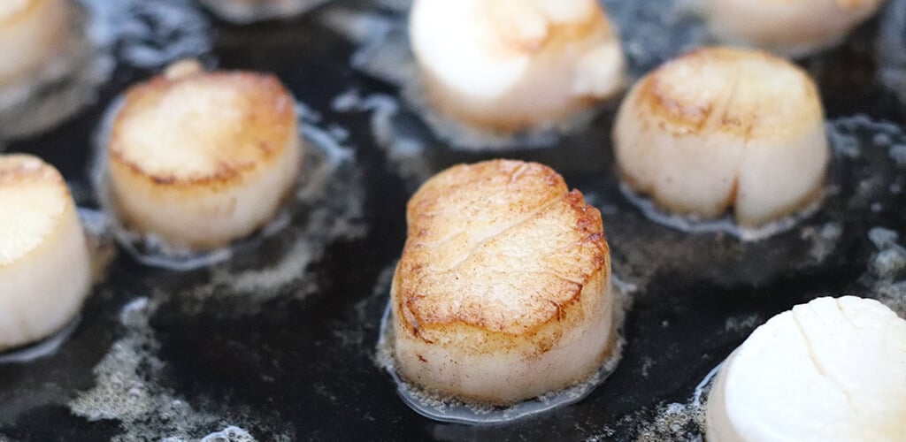 scallops searing in a pan