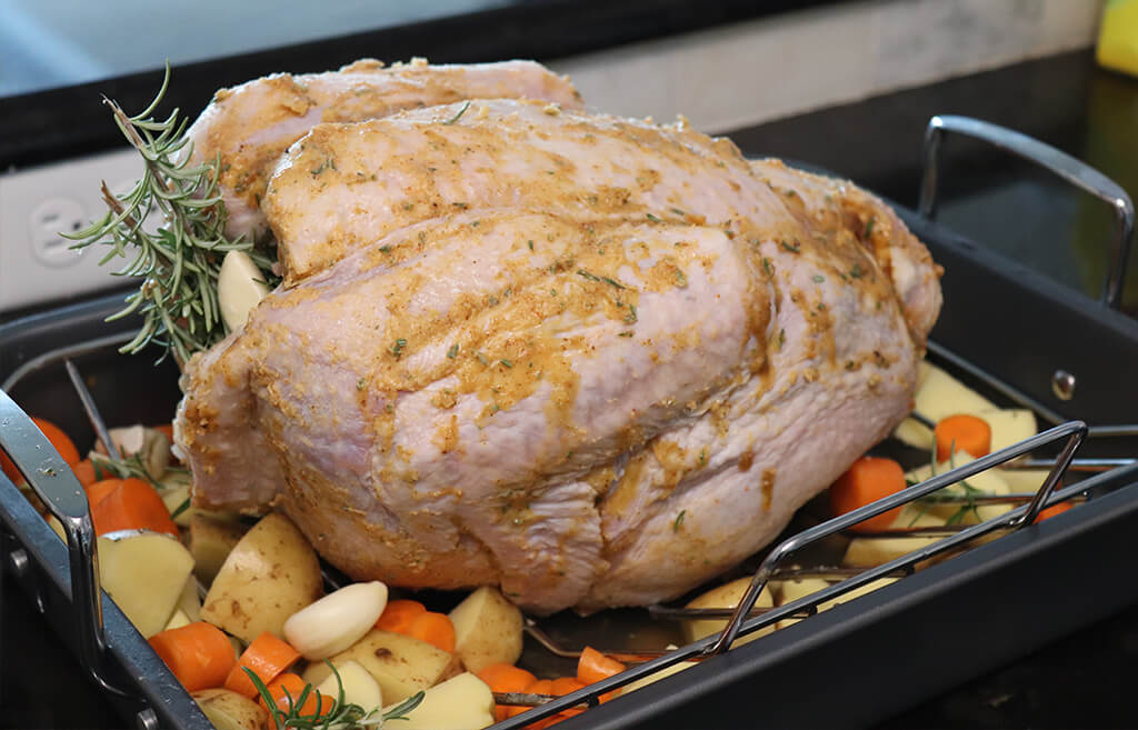 Prepped turkey ready to roast.