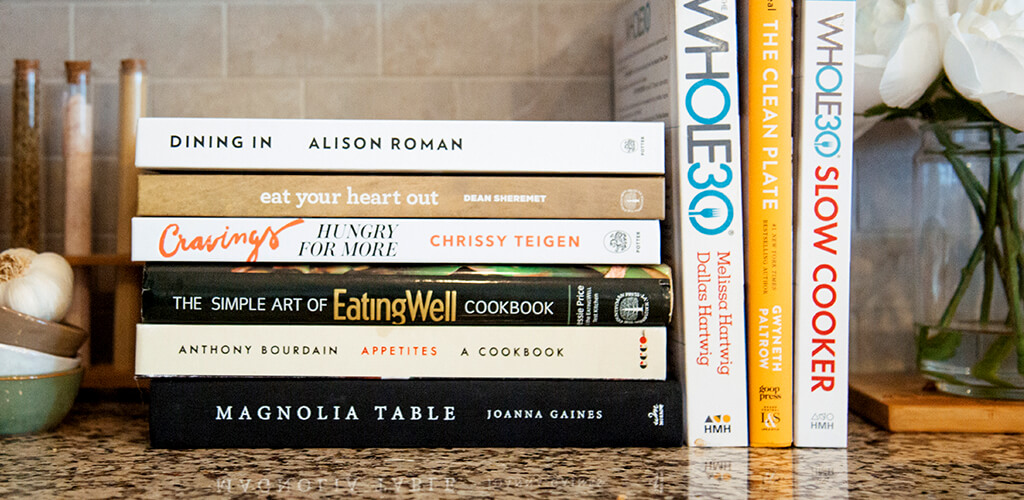 cookbooks on a kitchen counter