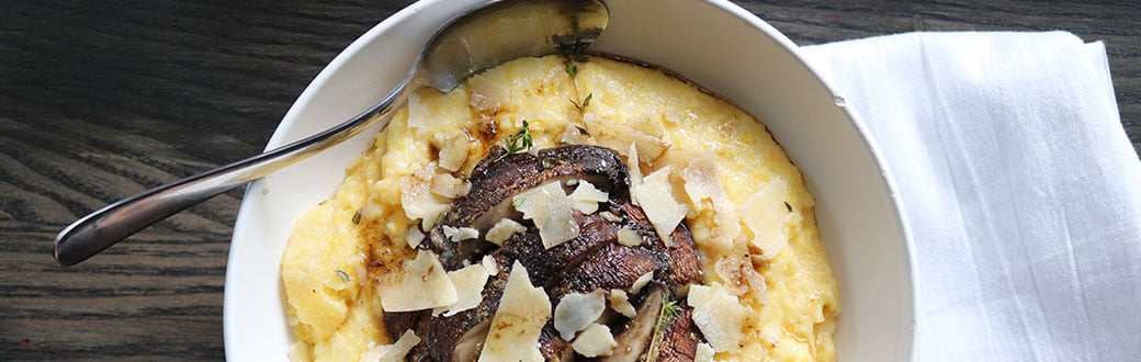 Roasted Portobello Mushroom Polenta in a serving dish.