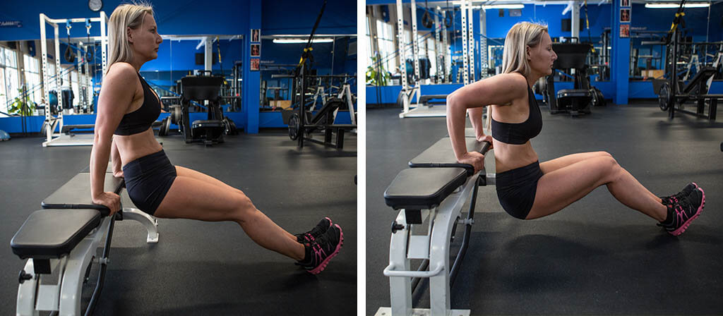 Lisa Traugott doing dips in a gym