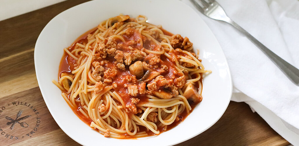 A bowl of turkey spaghetti