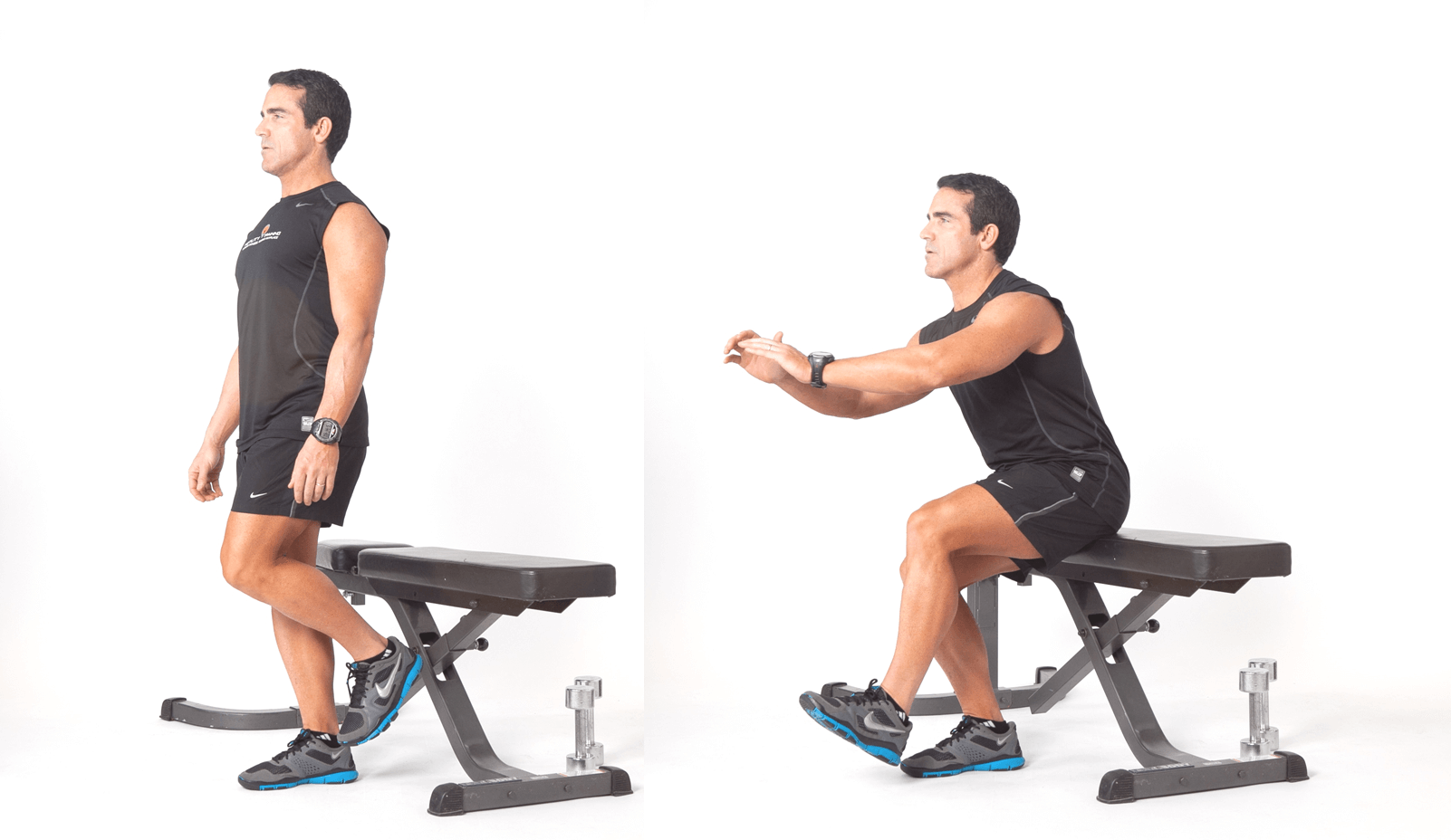 A fit man performing a single leg bench squat