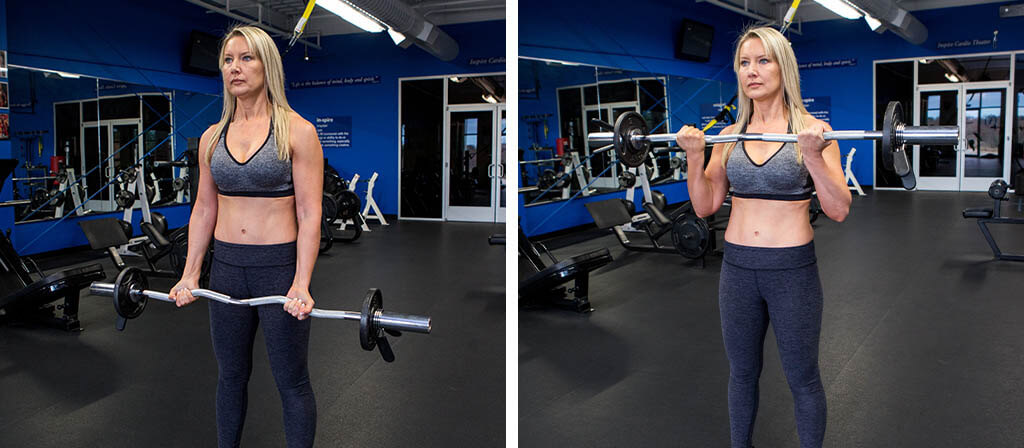 Lisa Traugott performing an e-z curl bar biceps curl