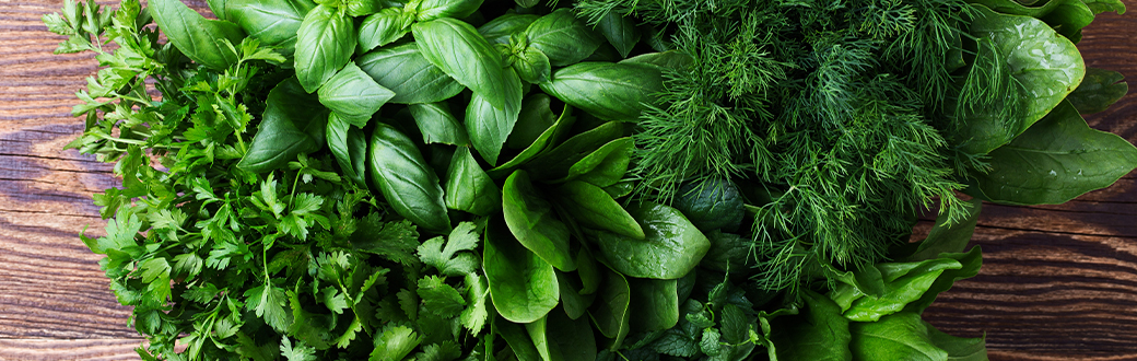 Various green herbs on a wooden table.