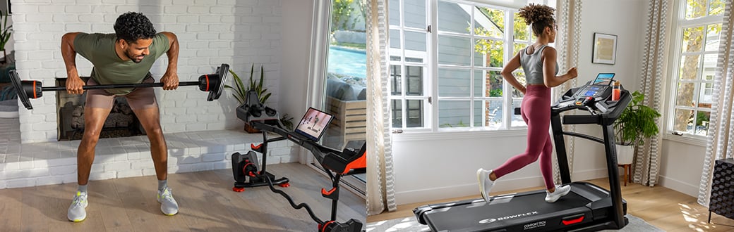 Man doing strength exercises and a woman running on a treadmill