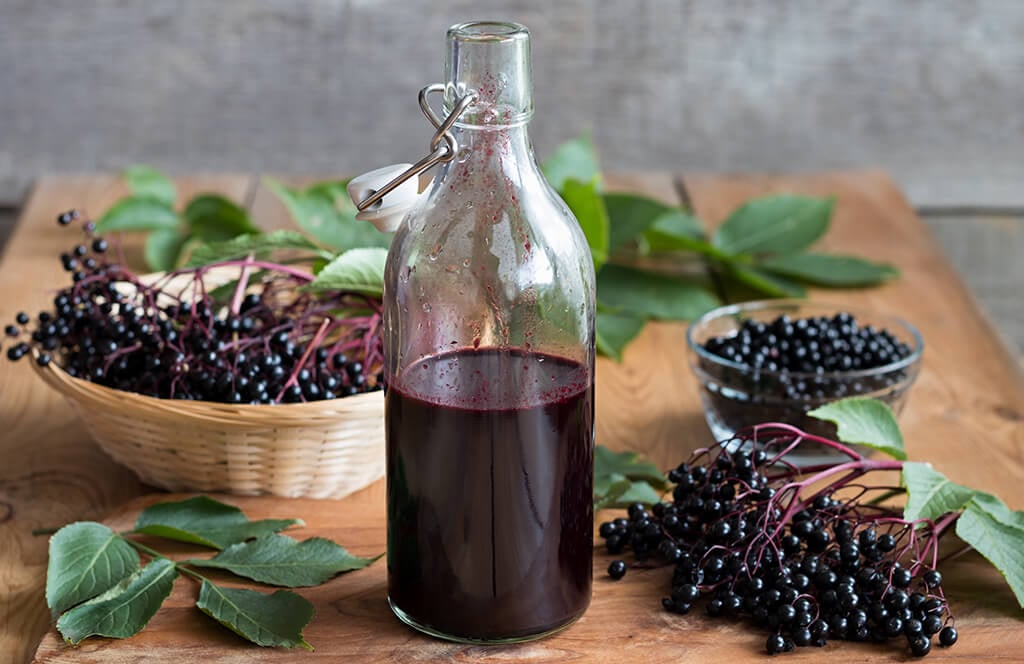 A bottle of Elderberry juice.