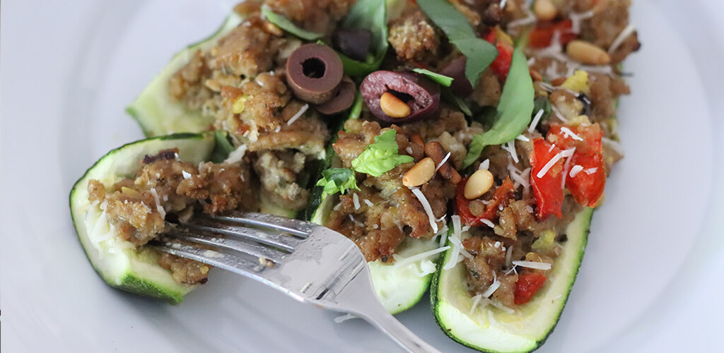 Prepared Greek stuffed zucchinis.