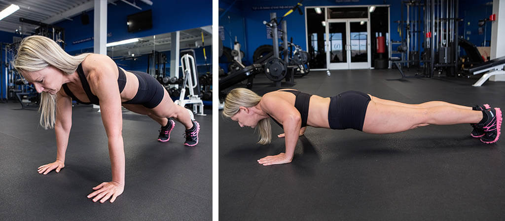 Lisa Traugott doing pushups in a gym