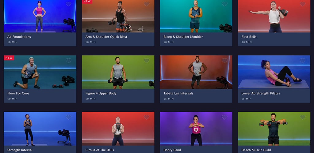 JRNY screen featuring dumbbell workout videos.